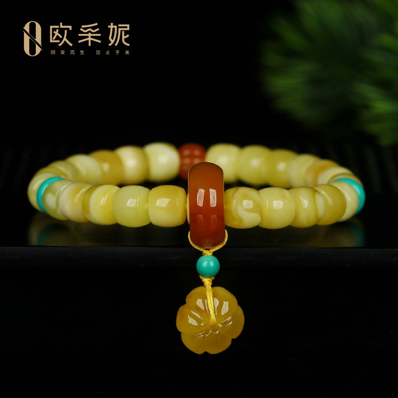 蜜蜡手串天然琥珀无优化白花满蜜老形桶珠配南红跑环文玩手链俄料