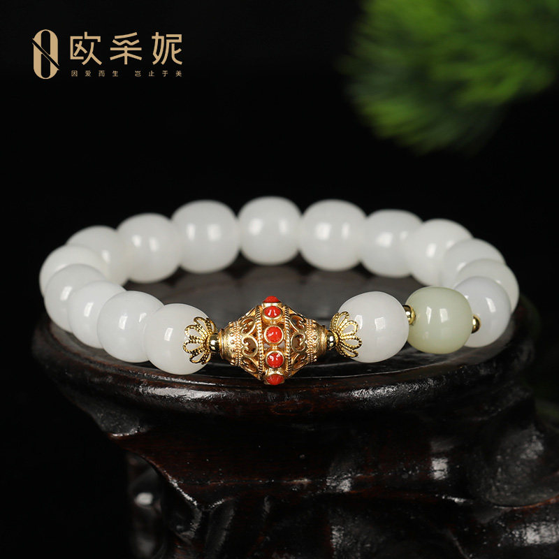 欧采妮和田玉手串天然白玉老形算盘珠多宝手串diy款羊脂白送礼物