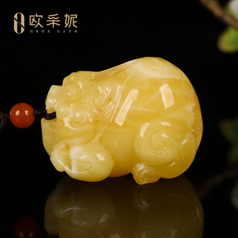 欧采妮蜜蜡吊坠【珍藏白花大貔貅孤品】天然原石琥珀新满蜜挂链
