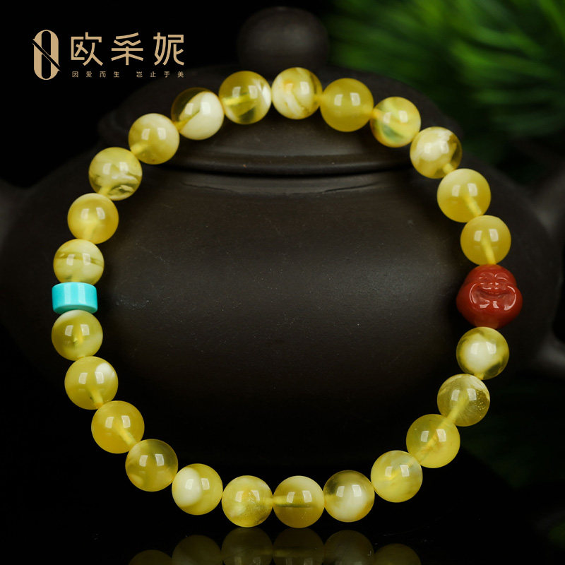 蜜蜡手串天然琥珀原石金绞圆珠多宝diy金白蜜蜡配南红佛头手链女