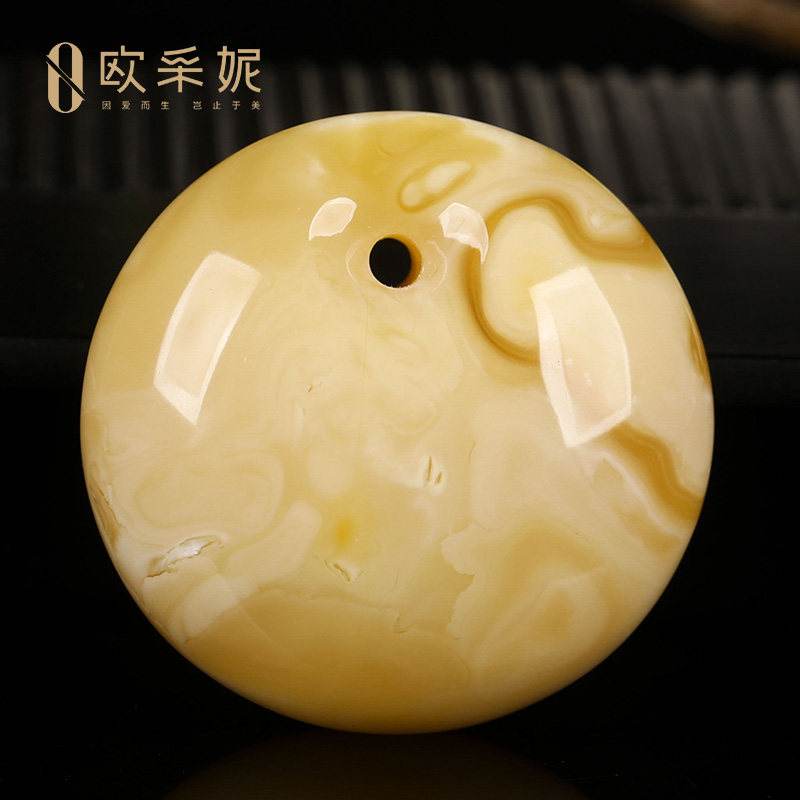蜜蜡吊坠【收藏孤品意境平安扣】天然原石白花新满蜜挂坠孤品俄料