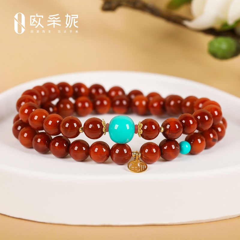 欧采妮南红手串天然凉山18k金福牌牛血红玛瑙绿松桶珠diy双圈手链