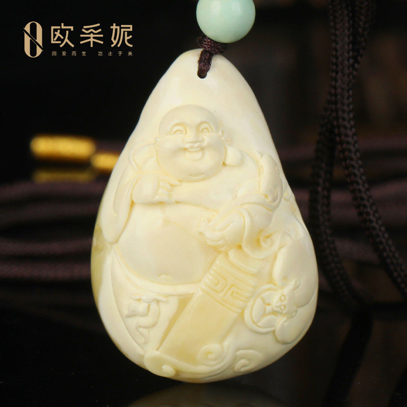 欧采妮蜜蜡吊坠【珍藏佛头雕刻】天然白花满蜜弥勒佛琥珀挂坠孤品