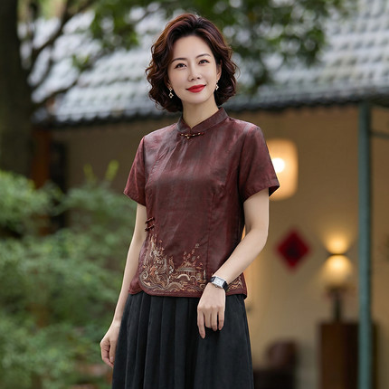 品牌香云纱真丝上衣女2026新款修身显瘦中式端庄气质妈妈短袖衬衫