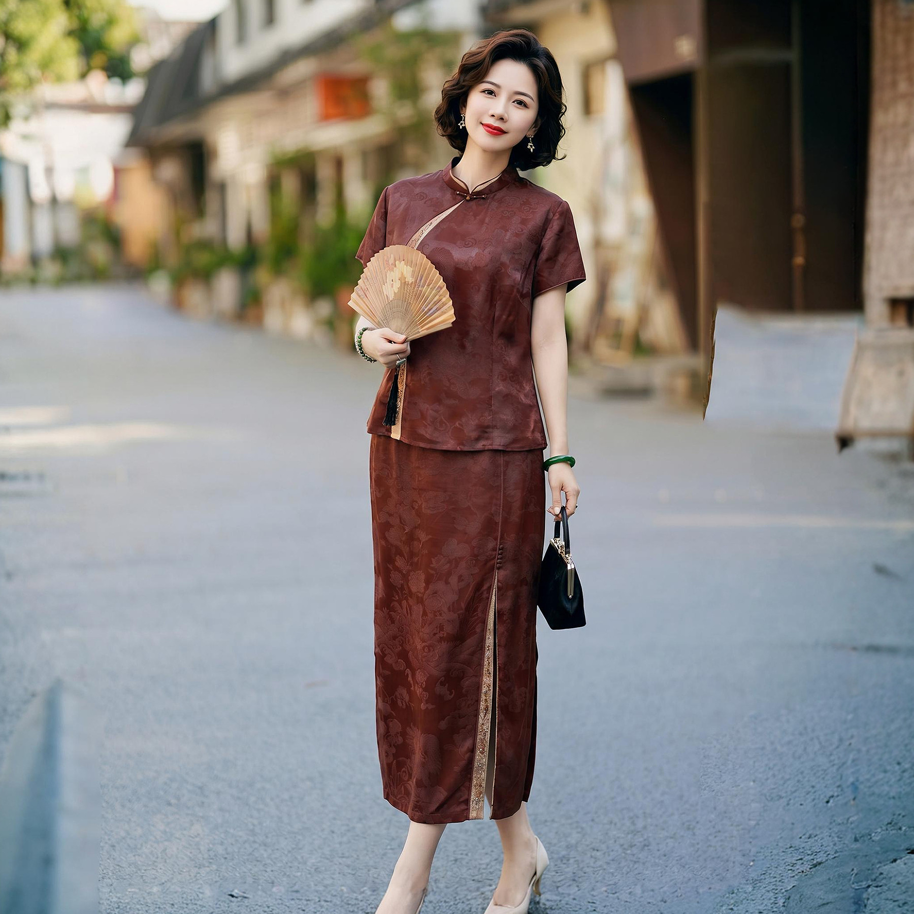 新中式香云纱两件套装2026新款秋真丝上衣裙子妈妈减龄穿搭一整套