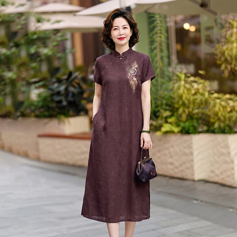 雅颂高端香云纱真丝连衣裙女秋季新款中式改良旗袍裙妈妈中长裙