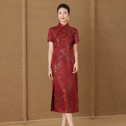 知荷新中式红色真丝旗袍连衣裙女2025夏季新款提花短袖桑蚕丝裙子