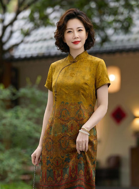 轻奢高质感香云纱真丝连衣裙古典图腾印花低调显贵宽松垂坠中长裙