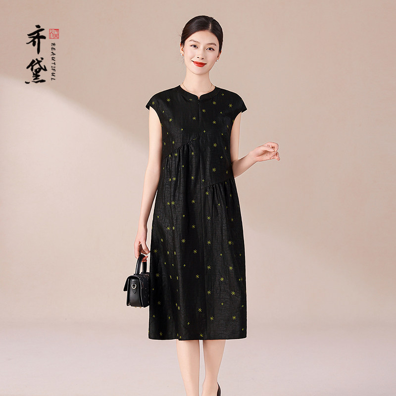 高端连衣裙正品旗舰店2026新款龟纹香云纱黑色气质妈妈裙子