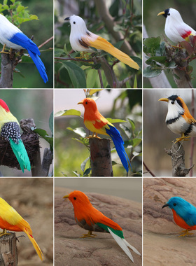 仿真小鸟彩色真羽毛摆件鸟笼装饰摄影道具麻雀庭院橱窗模型工艺品