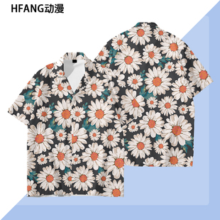 新款男女个性花衬衫满印T恤沙滩复古潮流四级打底衬宽松休闲短袖