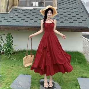 大码气质浪漫玫瑰红色吊带连衣裙女夏季胖mm海边度假风大摆长裙子