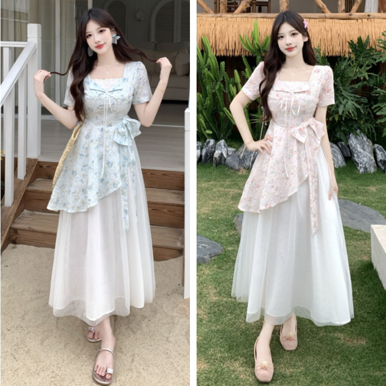 大码甜美蝴蝶结网纱公主连衣裙女夏装胖mm收腰显瘦中长款a字裙子