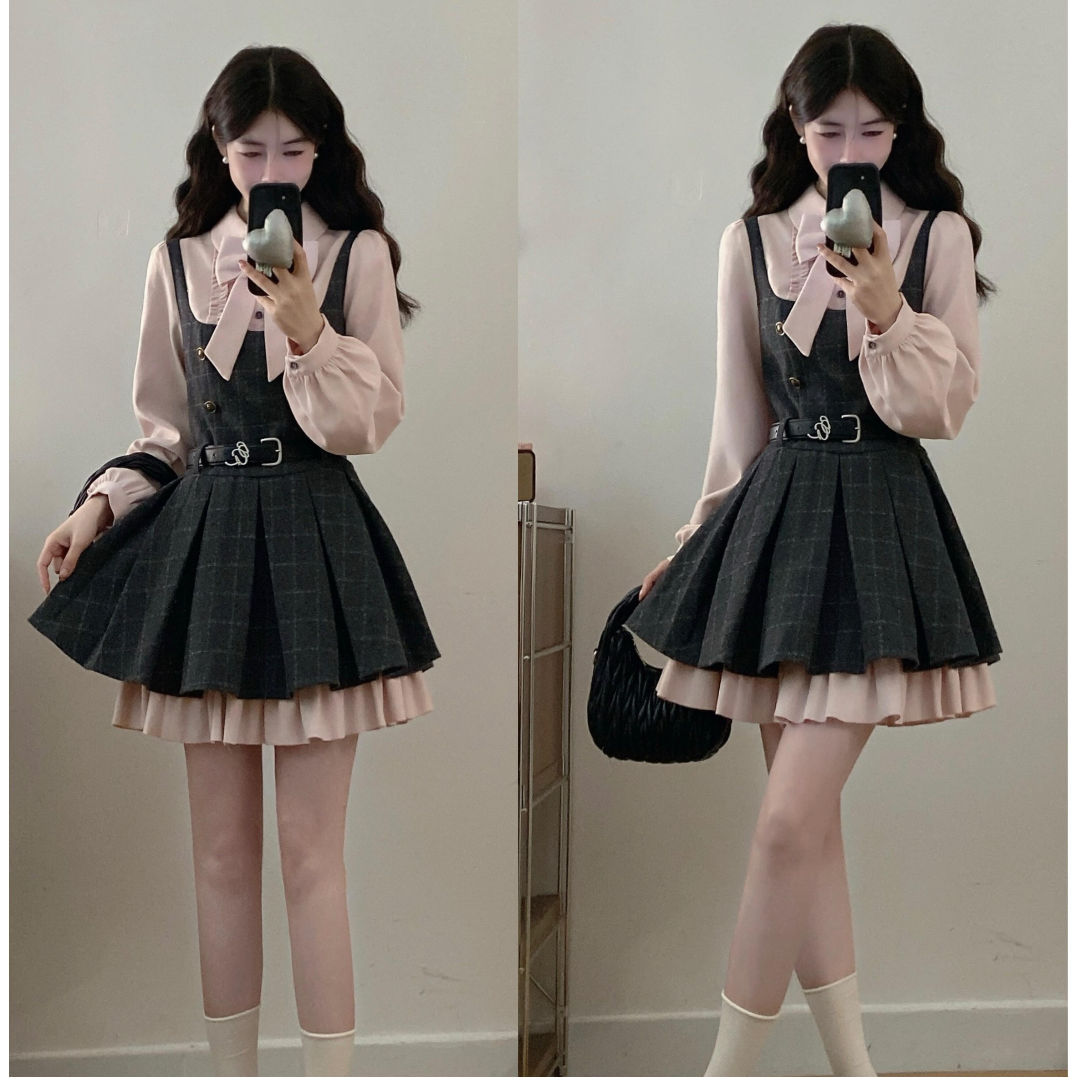 大码纯欲少女撞色拼接蓬蓬连衣裙女秋冬胖MM甜美收腰显瘦百褶短裙