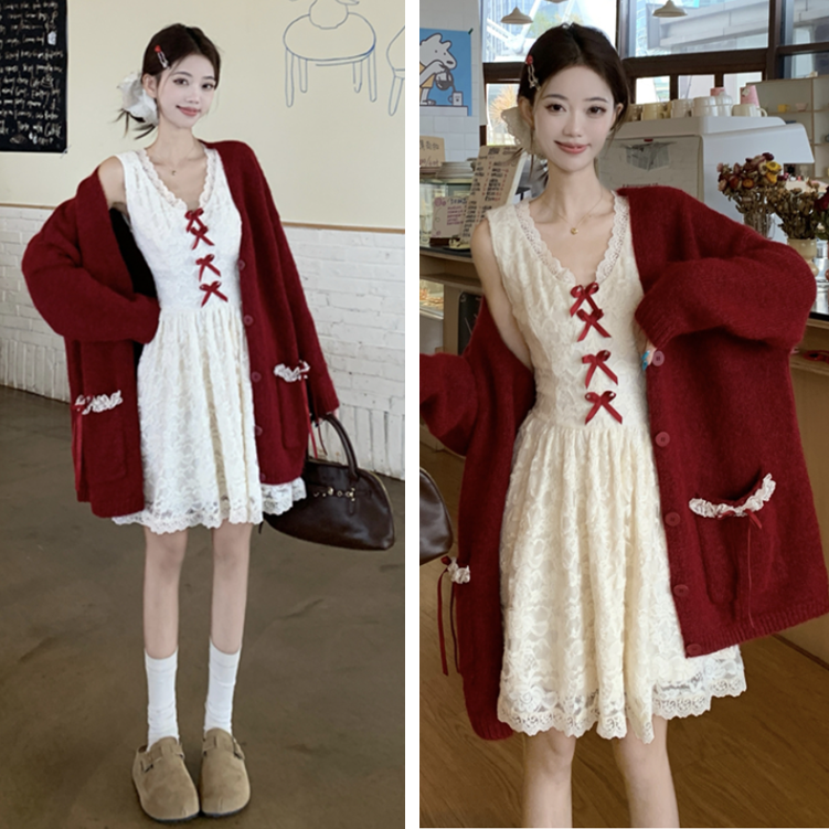 红色毛衣开衫氛围感吊带短裙套装