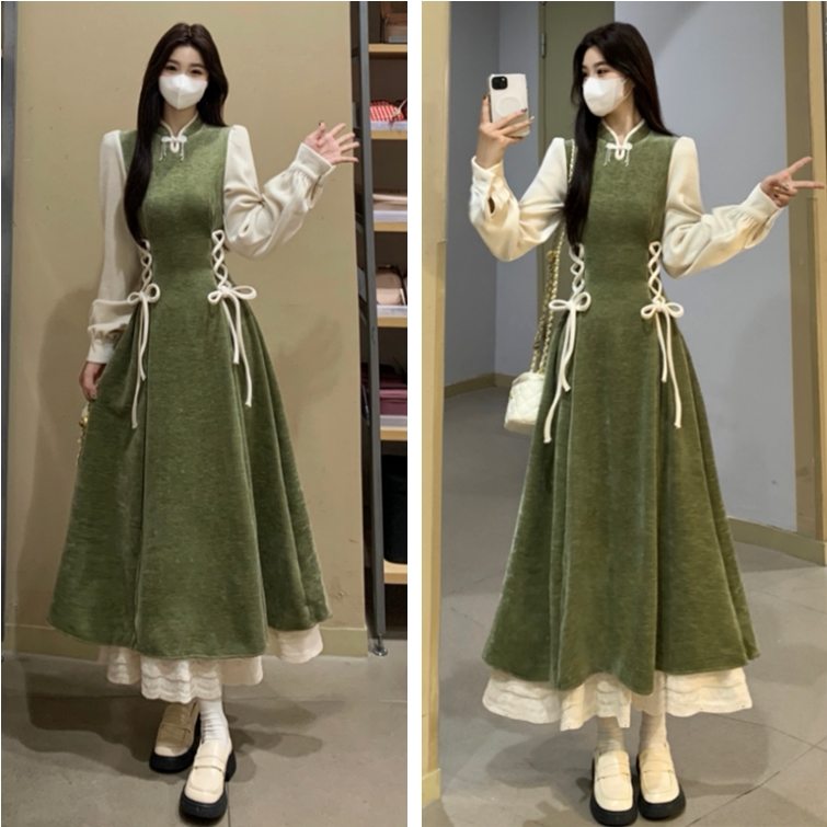 大码新中式收腰显瘦长袖连衣裙女秋冬胖mm复古盘扣气质a字长裙子
