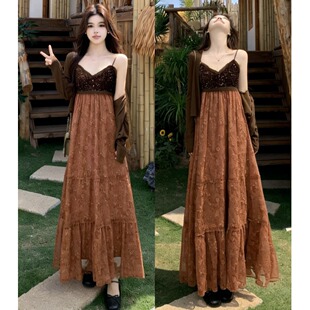 套装 胖mm收腰亮片拼接长裙子开衫 温柔风气质吊带连衣裙女夏装 大码