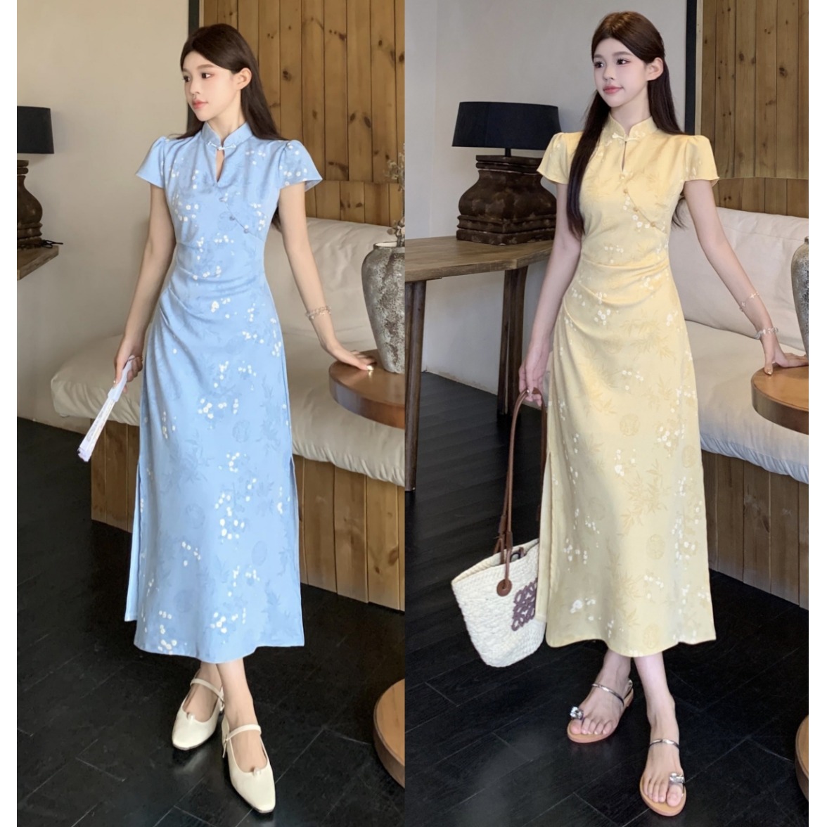 新中式提花旗袍女收腰显瘦连衣裙