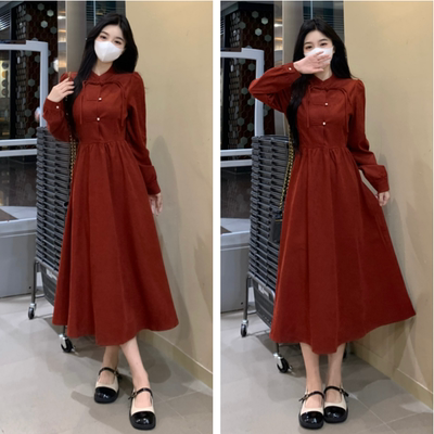 复古气质盘扣红色新中式连衣裙