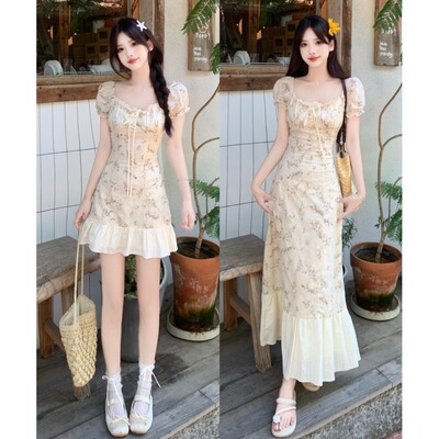 大码法式刺绣泡泡袖连衣裙女夏季胖mm重工收腰显瘦a字中长款裙子
