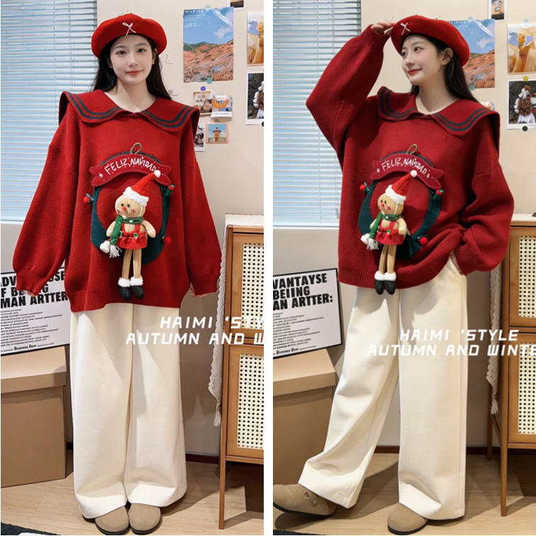 红色娃娃领圣诞毛衣女玩偶针织衫