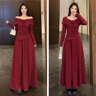 大码法式长袖敬酒服订婚红色连衣裙女秋冬胖mm气质收腰礼服长裙子