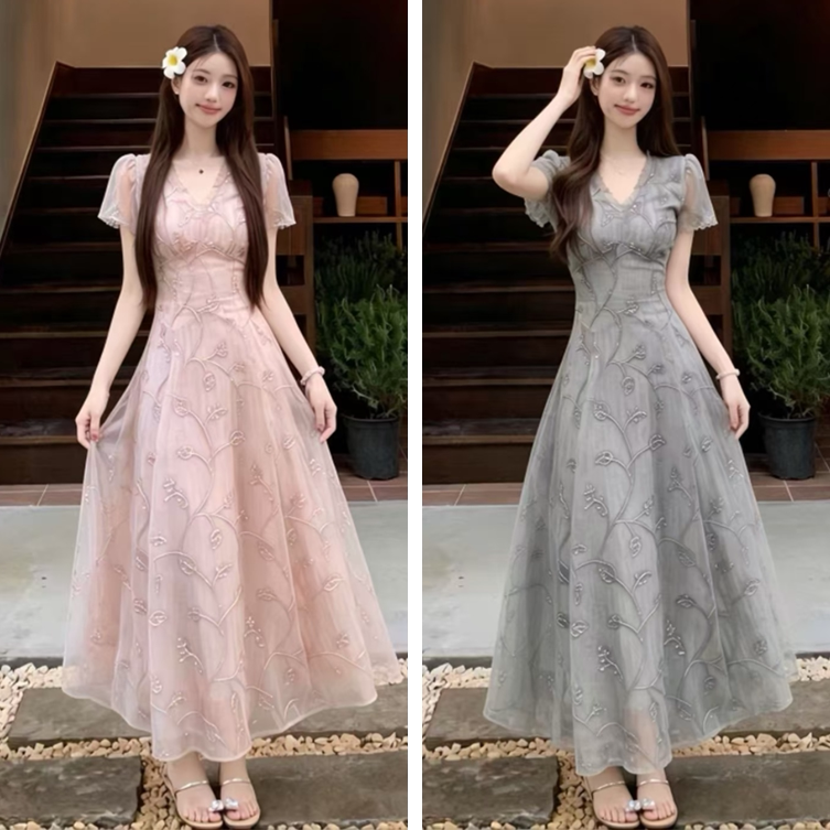 大码法式温柔风粉色V领连衣裙女夏季胖mm甜美气质收腰显瘦长裙子