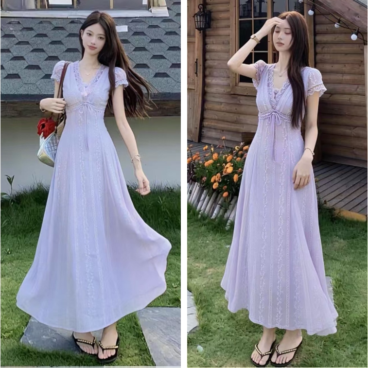 大码温柔风气质v领短袖连衣裙女夏季胖mm收腰显瘦蕾丝拼接长裙子