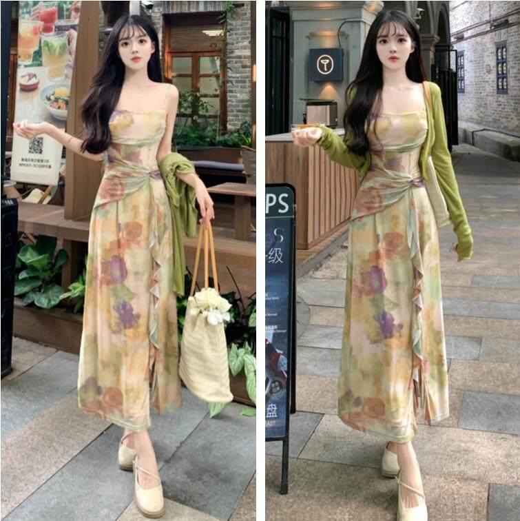 胖妹妹纯欲风吊带连衣裙女夏季大码女装胖mm高级感碎花A字长裙子