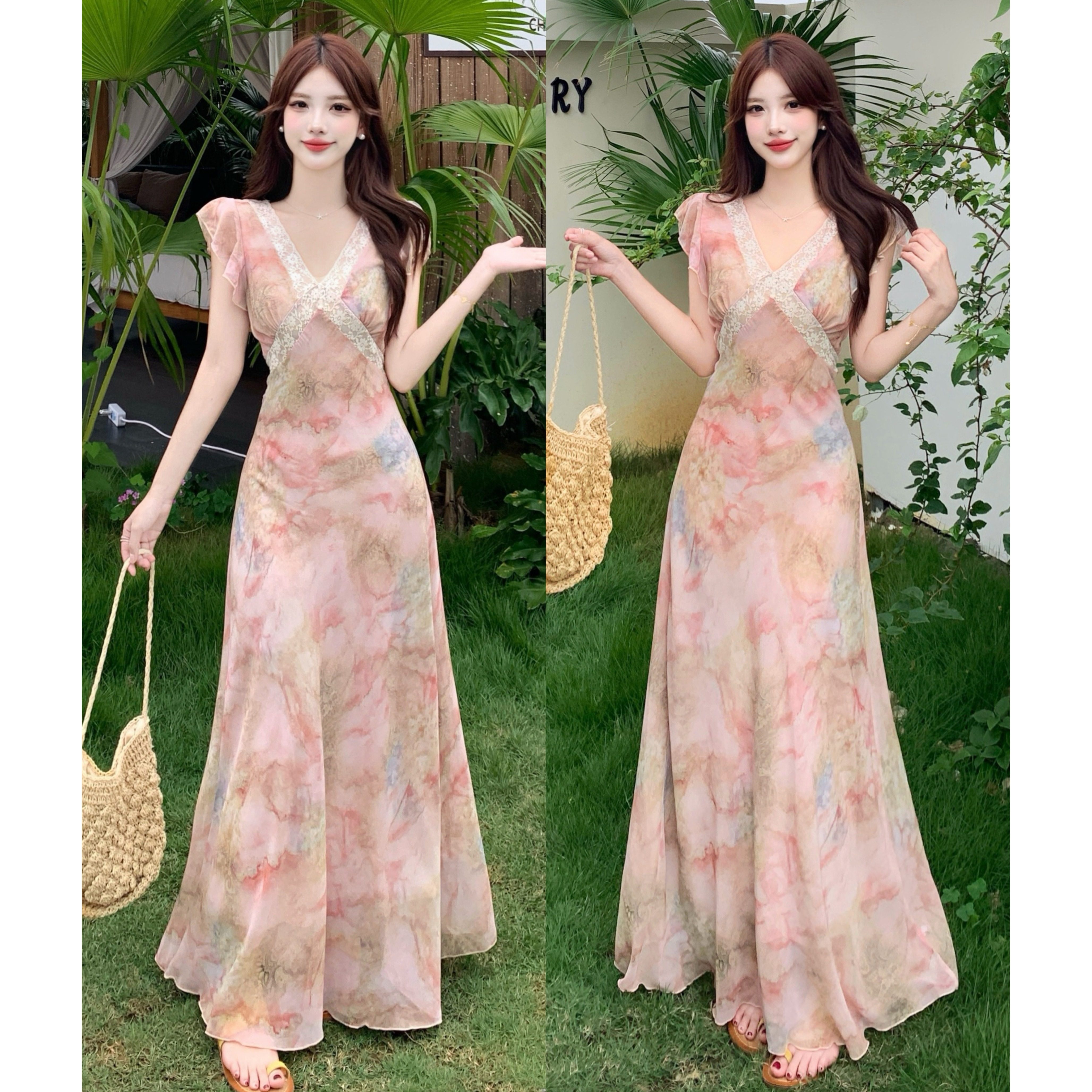 大码绝美粉色蕾丝拼接V领碎花连衣裙女夏季微胖MM收腰显瘦长裙子