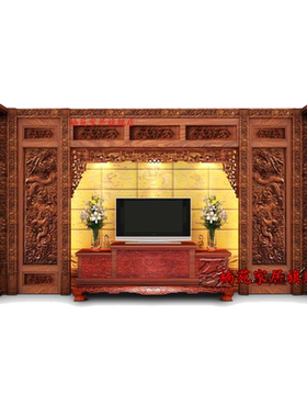 东阳木雕客厅中式背景墙浮雕壁画