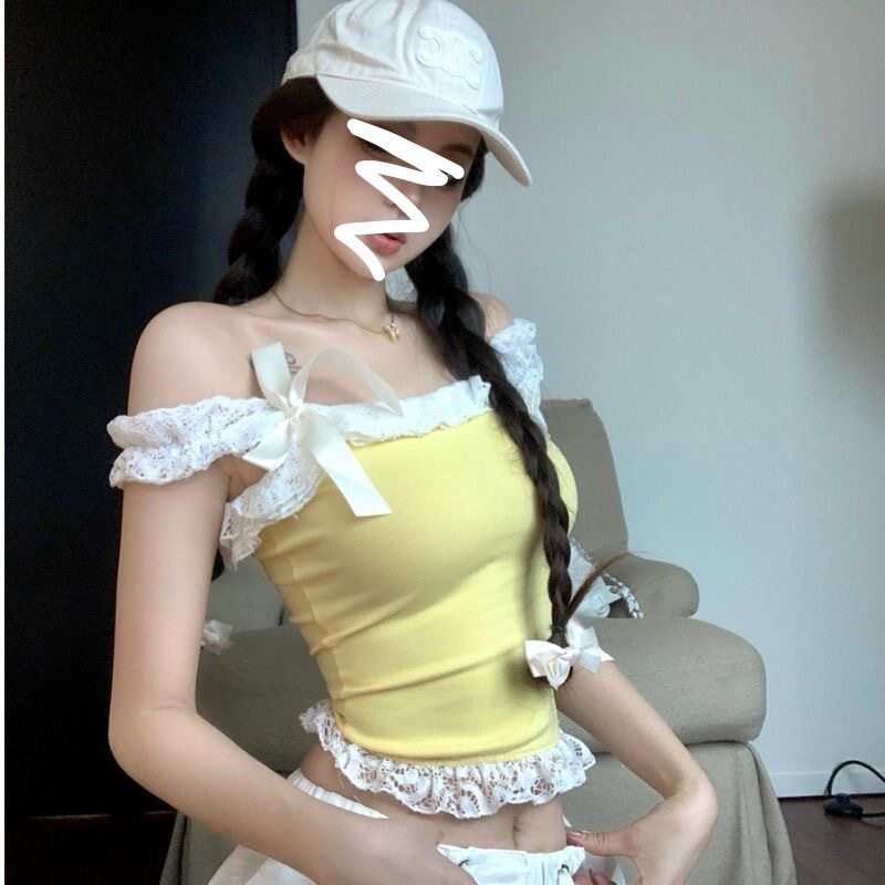 法式纯欲风拼接蕾丝吊带背心女夏辣妹黄色蝴蝶结休闲别致上衣