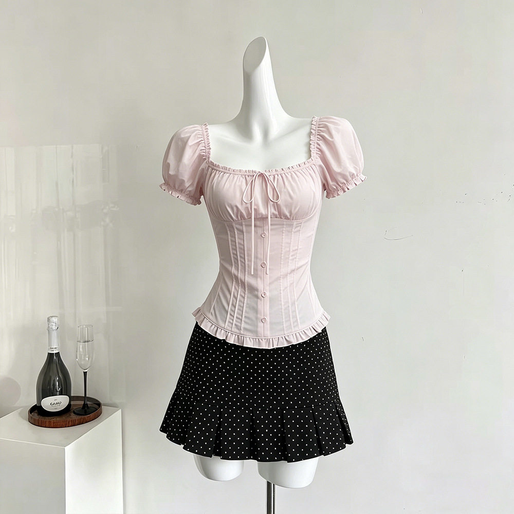 清新套装女新款夏季短袖系带褶皱衬衫显瘦波点半身裙两件套韩系