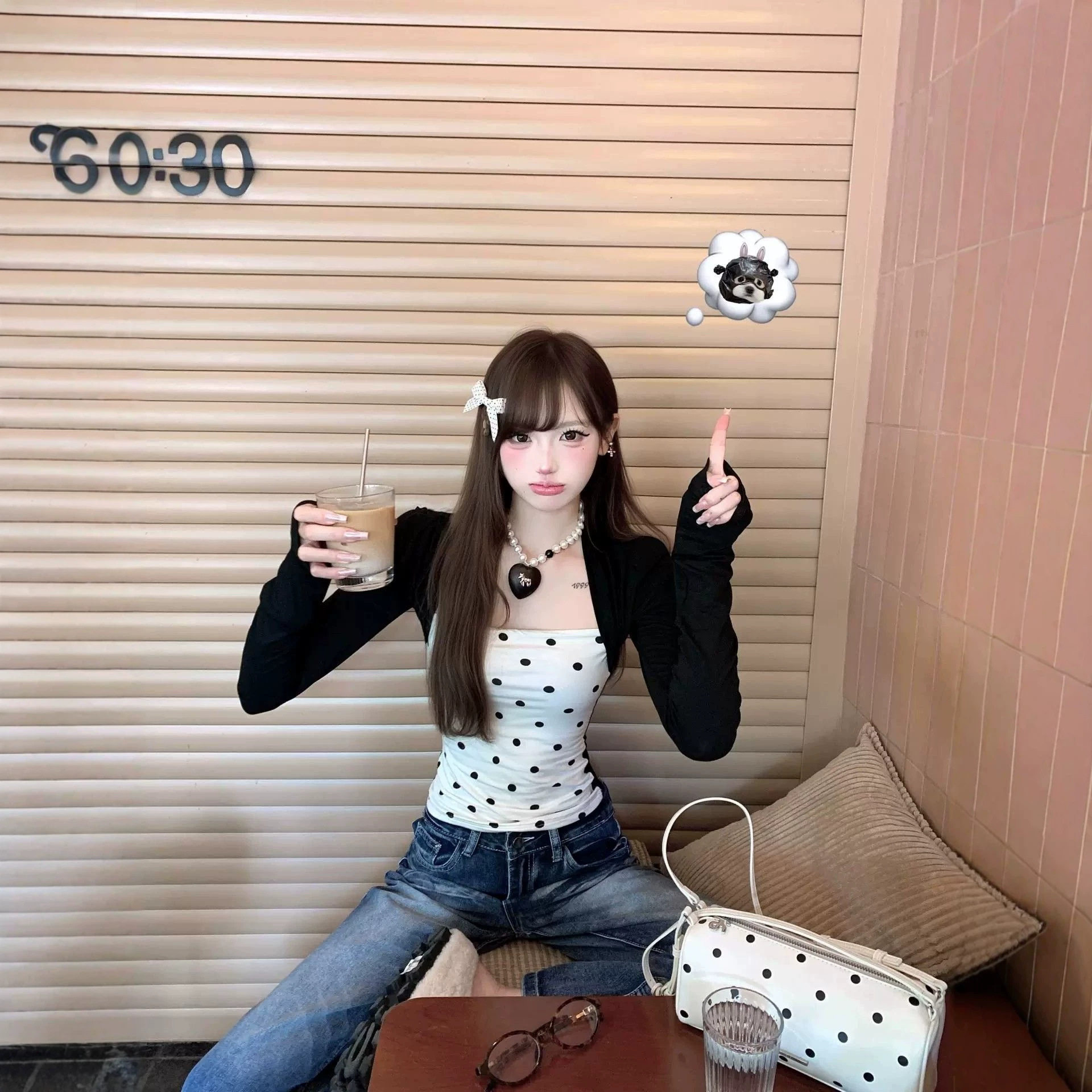 美式辣妹假两件正肩长袖t恤女秋季波点撞色设计感小众修身上衣ins