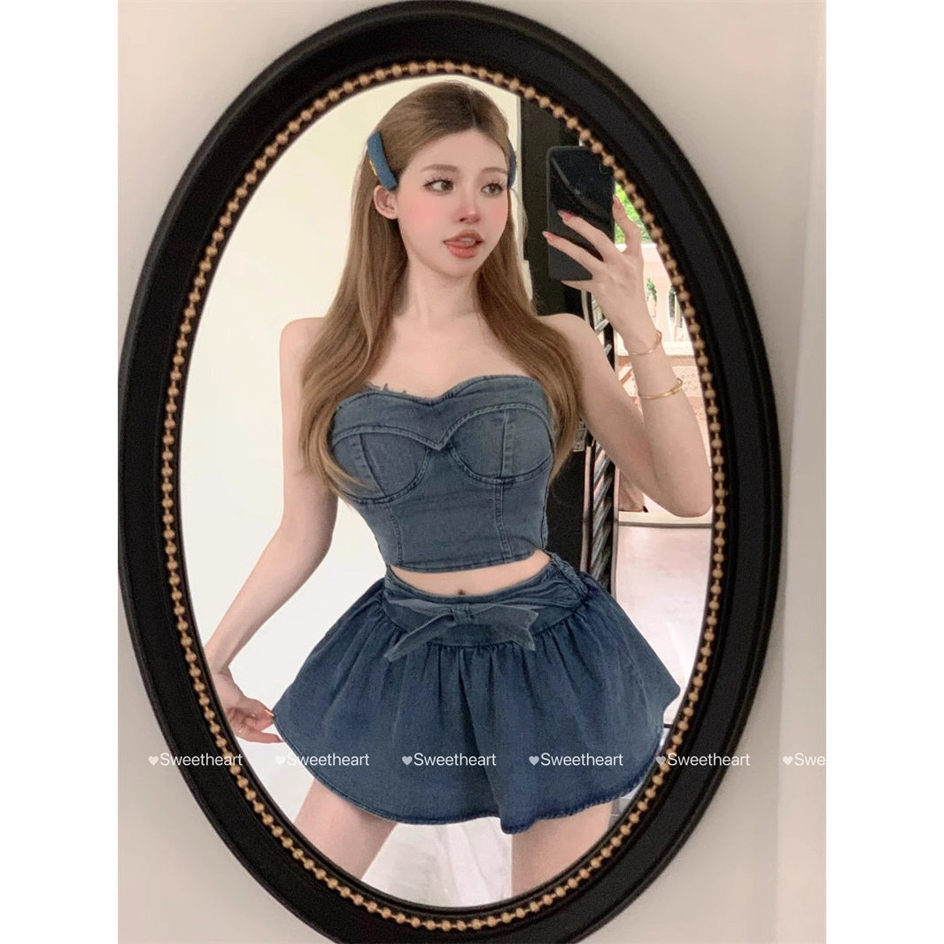 纯欲辣妹性感牛仔套装女夏季收腰抹胸式上衣高腰超短裙子图片