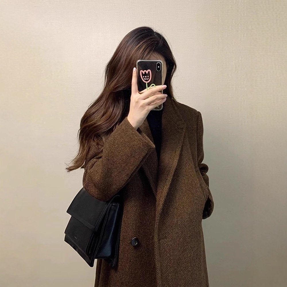 毛呢外套女中长款小个子2025新款冬季加厚高级感西装格子呢子大衣