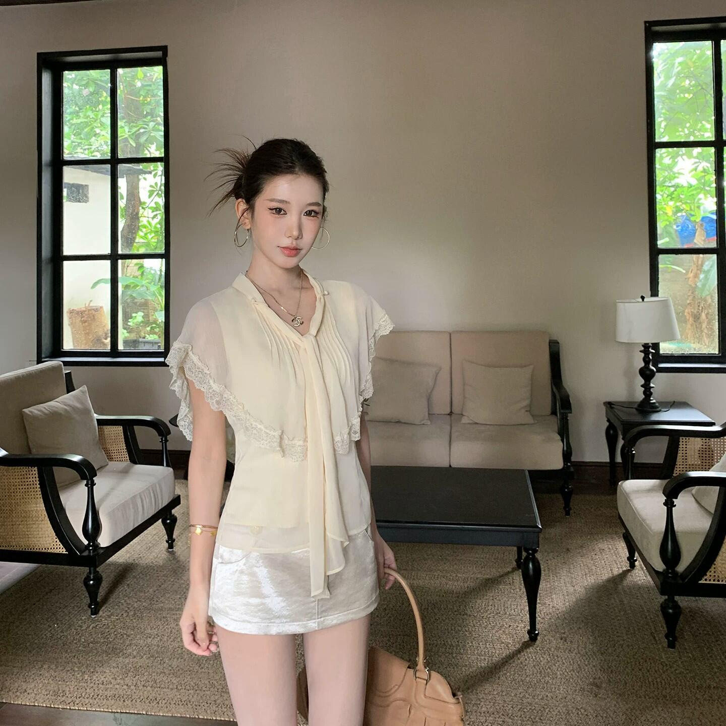 纯欲温柔风杏色雪纺衬衫女夏新款蕾丝花边系带收腰显瘦设计感小衫