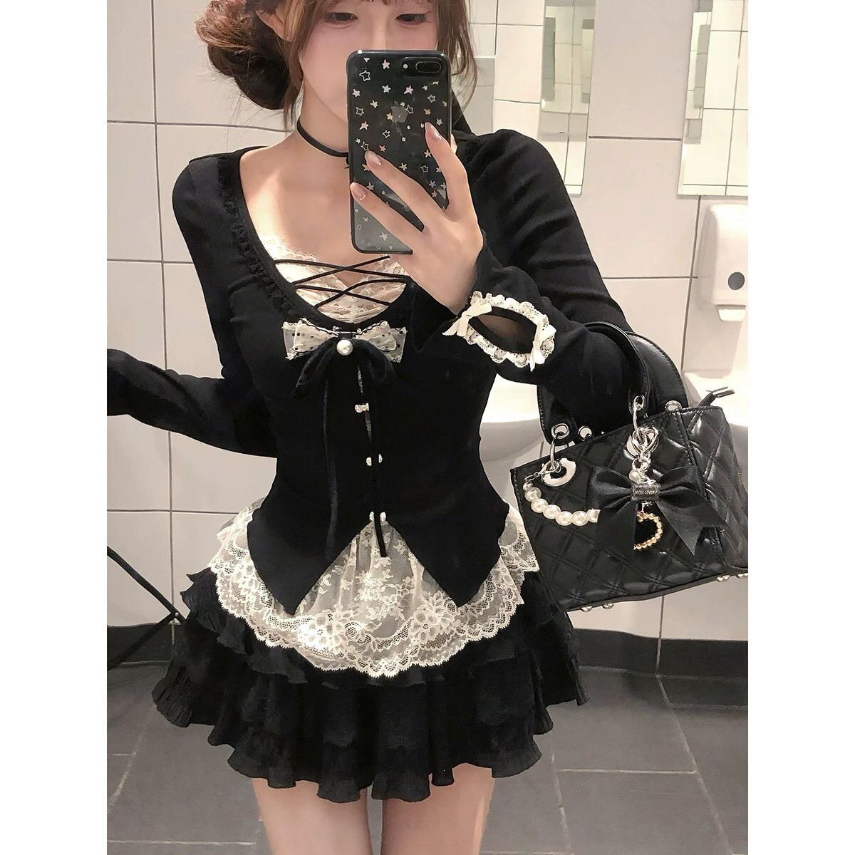 黑曼巴 秋季辣妹纯欲风显瘦长袖假两件上衣蓬蓬半裙两件套装女生