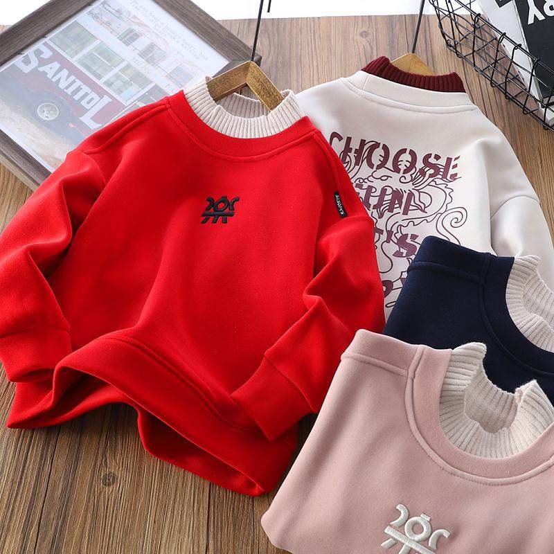 男童加绒卫衣秋冬2024新款儿童半高领加厚上衣中大童防风刺绣衣服