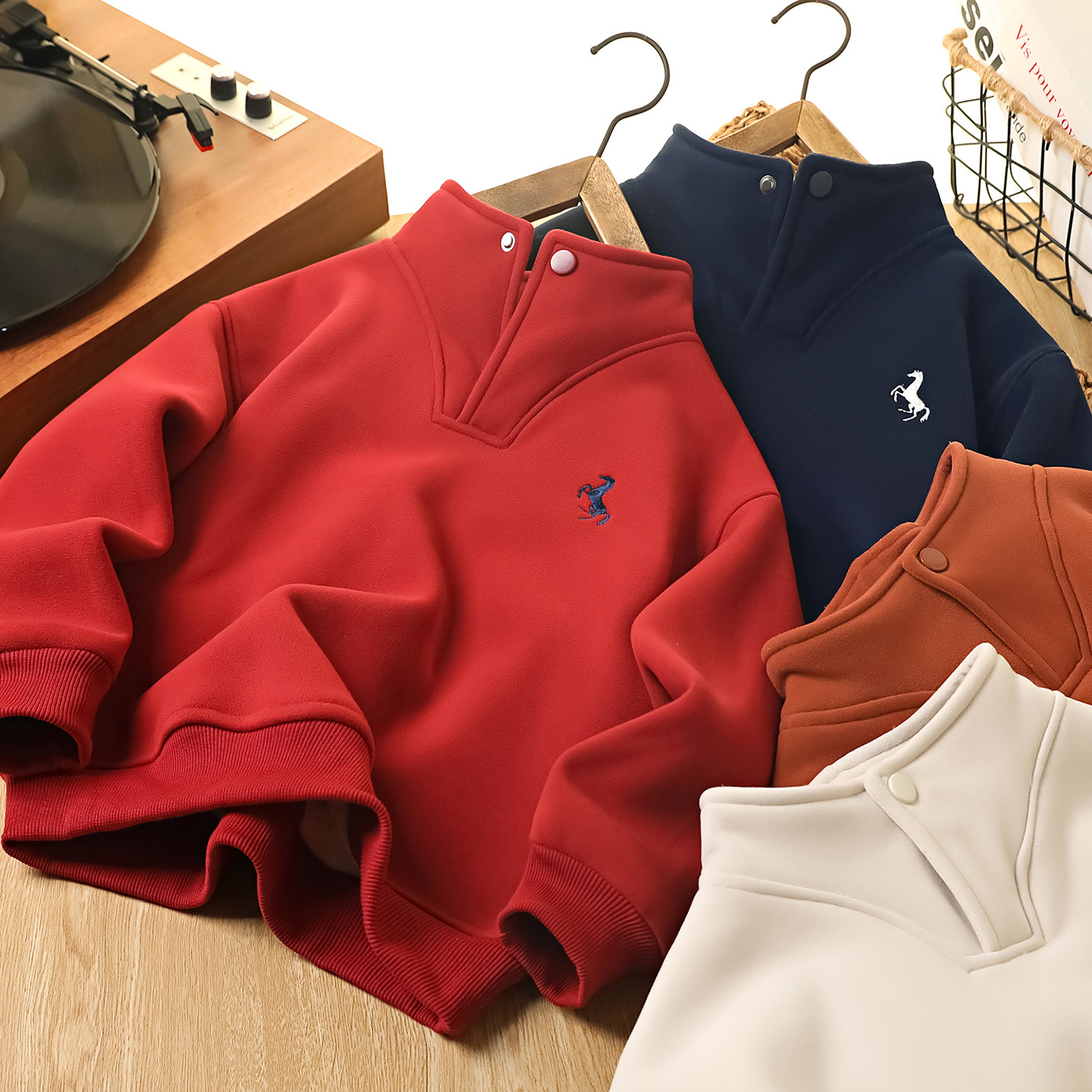 男童红色加绒卫衣秋冬2025新款儿童加厚立领上衣中大童百搭衣服潮