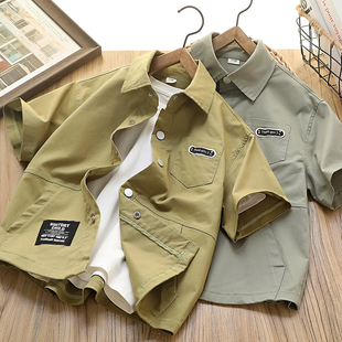 男童衬衫短袖夏季装2026新款纯棉儿童帅气翻领半袖衬衣中大童衣服