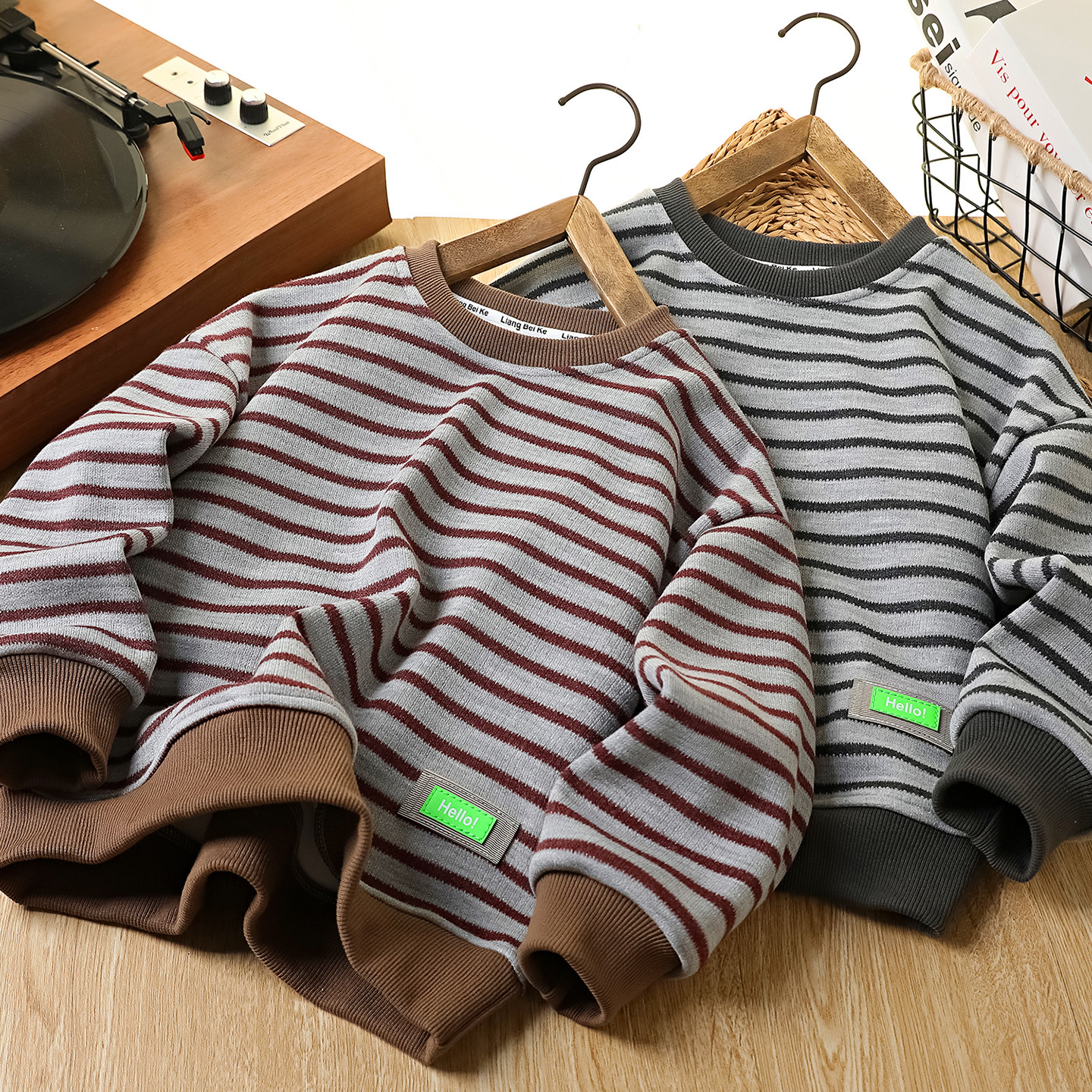 男童加绒卫衣秋冬2025新款儿童圆领条纹加厚上衣中大童保暖长袖衫