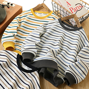 男童条纹加绒卫衣秋冬2025新款儿童圆领加厚长袖衫中大童时尚上衣