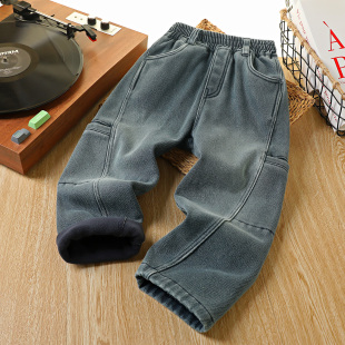 男童加绒裤子秋冬2025新款洋气儿童加厚牛仔裤中大童时髦帅气长裤