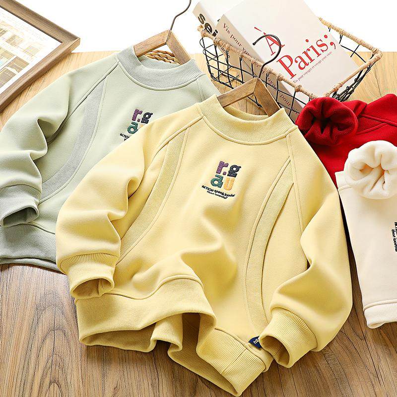 男童加绒卫衣秋冬2024新款刺绣儿童一体绒高领上衣中大童加厚衣服