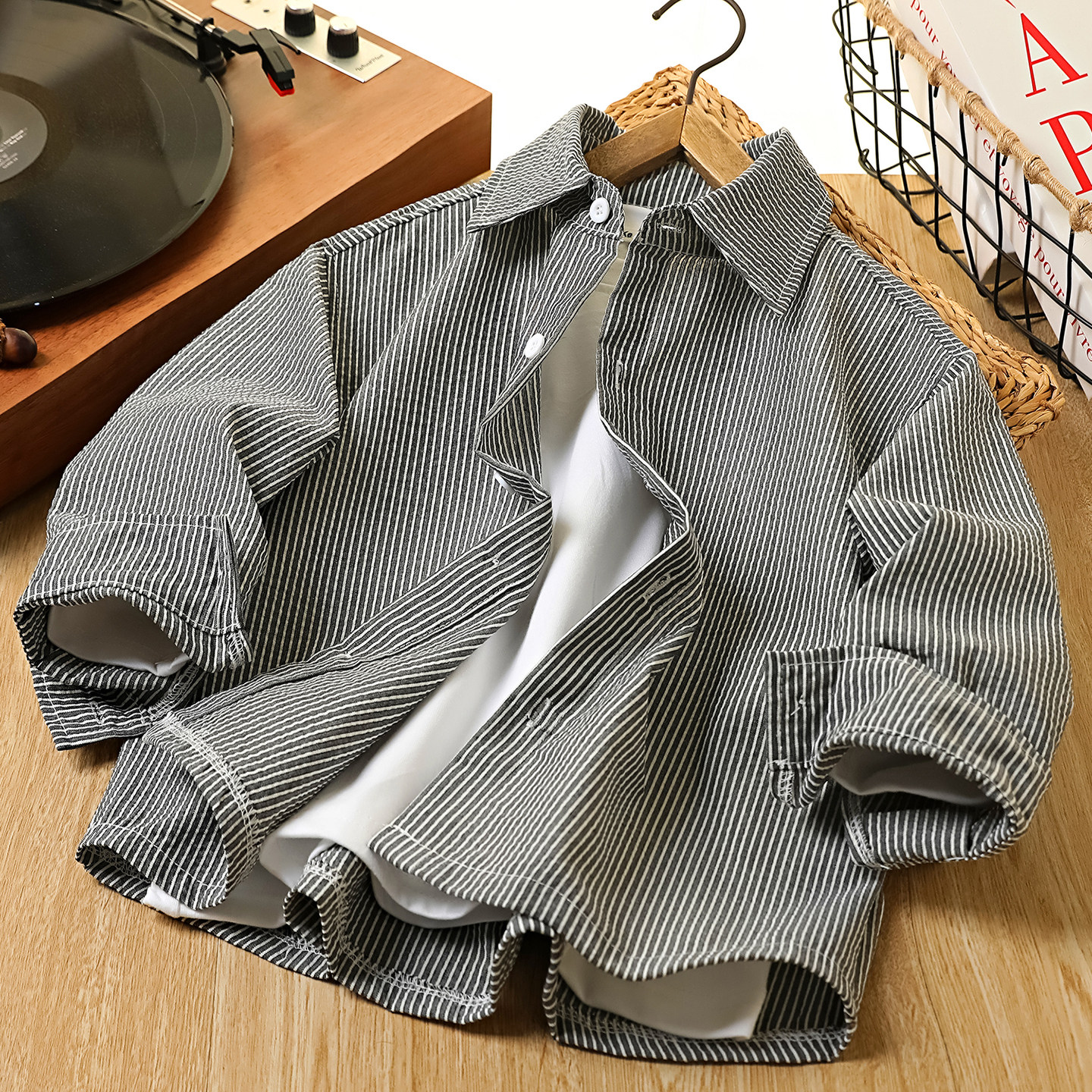 男童纯棉衬衫春秋2026新款儿童条纹衬衣外套中大童翻领上衣春装潮