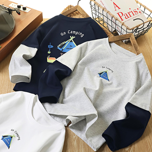 男童纯棉长袖T恤春秋2025新款儿童洋气假两件上衣中大童打底衫潮