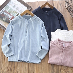 男童长袖T恤春秋装2026新款儿童半拉链亚麻上衣中大童休闲打底衫