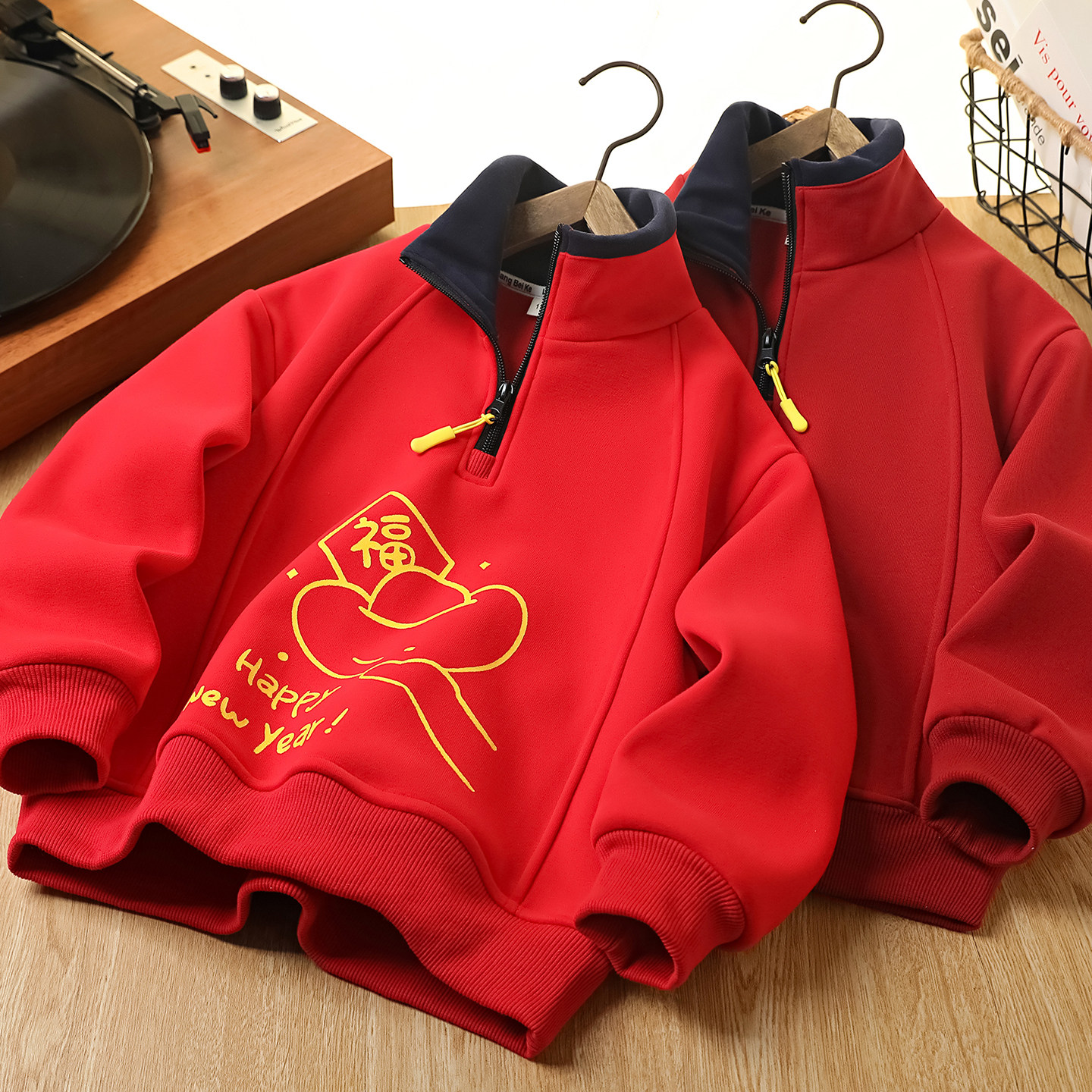 男童加绒红色卫衣冬装2025新款儿童马年拜年服中大童过年喜庆衣服