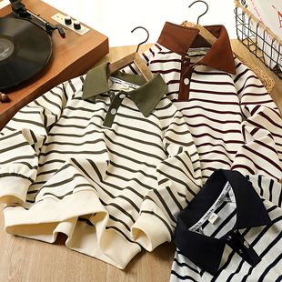 男童翻领polo衫春秋2026新款儿童条纹时尚卫衣中大童男孩百搭上衣